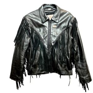 VINTAGE Leather Wear Jacket Womens 16 Black Woven Fringe Sides Biker Motorcycle